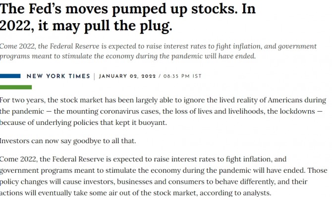 미국 연준 FOMC의 금리인상이 뉴욕증시에 미칠 영향을 보도한 뉴욕타임스 기사 