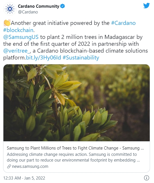 카르다노 커뮤니티가 5일 트위터를 통해 삼성이 베리트이와 협업, 마다가스카르에 200만 그루의 맹그로브 나무를 심기로 했다고 밝혔다. 사진=카르다노 커뮤니티