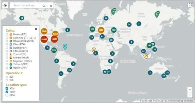 비트코인 ATM이 설치된 위치를 표시한 지도. 출처=코인 ATM 레이더