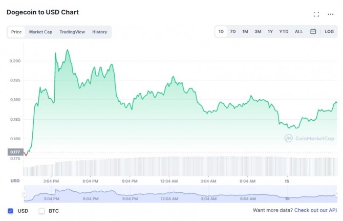 14일 도지코인 1일 가격차트, 이날 한때 도지코인 가격이 20센트를 넘어섰다. 출처=코인마켓캡
