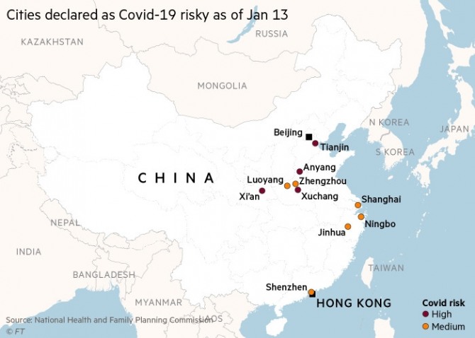 코로나 확진자가 주로 발생하고 있는 중국내 지역들. 빨간색은 확진자가 크게 증가한 곳이다. 사진=FT