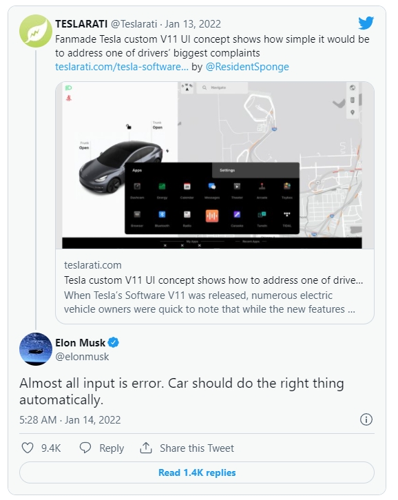 일론 머스크 테슬라가 최근 V11의 사용자인터페이스와 관련해 올린 트윗. 사진=트위터