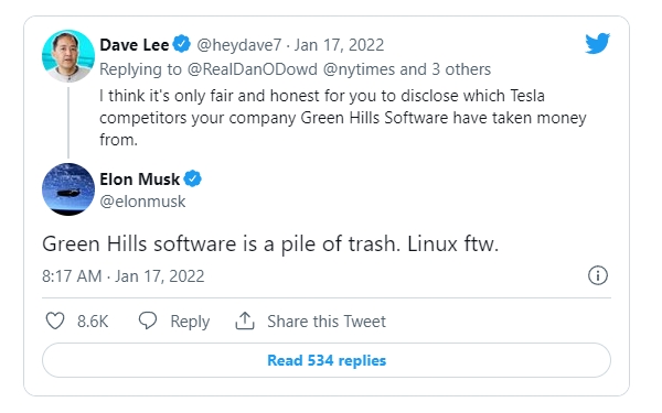 일론 머스크 CEO가 17일(현지시간) 올린 그린힐스소프트웨어를 맹비난하는 내용의 트윗. 사진=트위터