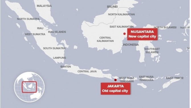 인도네시아의 현재 수도 자카르타와 새 수도로 확정된 누산타라. 사진=9News