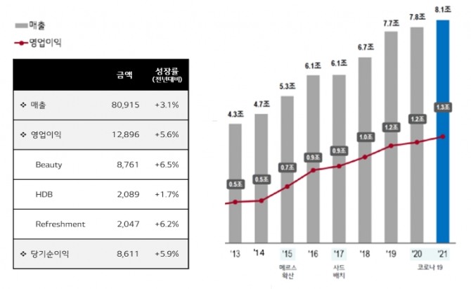 LG생활건강 2021년 연간 실적 및 2013~2021년 연간 매출 및 영업이익 추이. 사진=LG생활건강