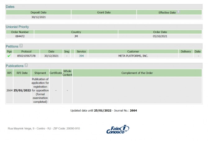 브라질 INMI에 메타의 상표 출원. 출처=INPI