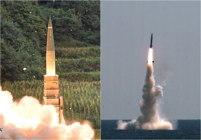 지상에서 발사되는 현무 II(왼쪽)와 잠수함에서 발사되는 SLBM 미사일(오른쪽). 사진=국방부 및 국방과학연구소