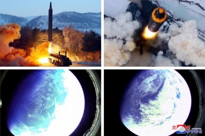 유엔 안보리는 4일(현지시간) 오후 3시에 비공개로 전체 회의를 열어 북한의 중거리 탄도미사일 발사 대책을 협의한다. 사진은 북한이 공개한 미사일 발사 모습.