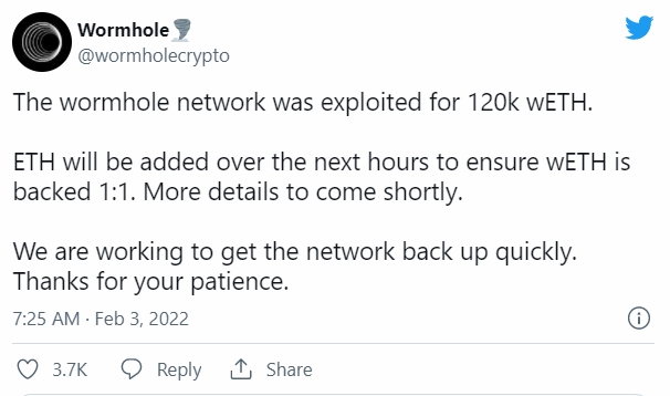 웜홀 솔라나 브리지가 2일 해킹 피해를 입어 래핑된 이더리움(WETH) 12만개가 손실됐다. 사진=웜홀 트위터 