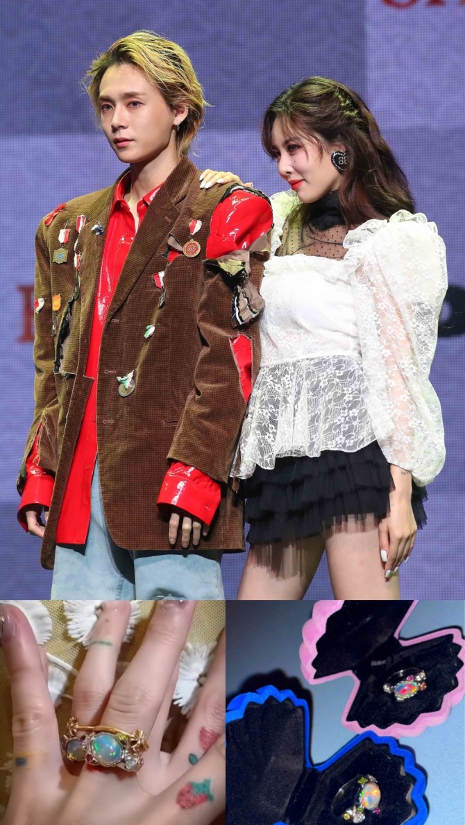 가스 던이 6년째 공개 열애중인 연인 가수 현아에게 3일 반지 프러포즈를 했다. 사진=뉴시스(위), SNS