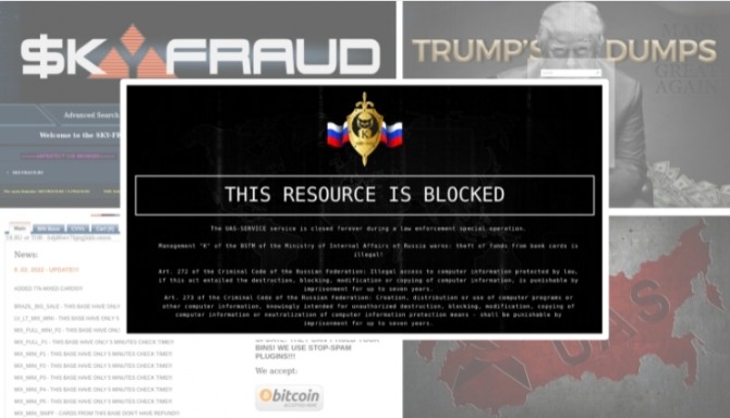 러시아가 암호화폐로 2억6300백만 달러(약 3147억 원)의 수익을 올린 4개의 다크넷 사이트  트럼프의 덤프(Trump's Dump), 스카이-프라우드 포럼(Sky-Fraud forum), USA 스토어(UAS Store)와 페럼 샵(Ferum Shop)을 폐쇄했다. 사진=Elliptic