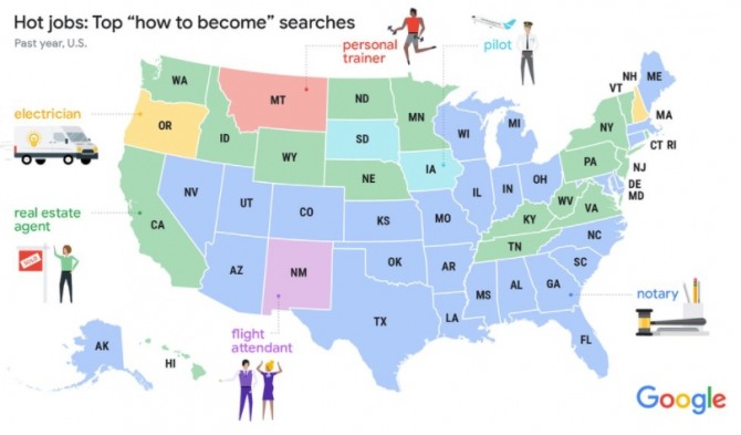 구글 검색 결과로 본 미국인이 가장 선호하는 직업 10가지. 사진=구글
