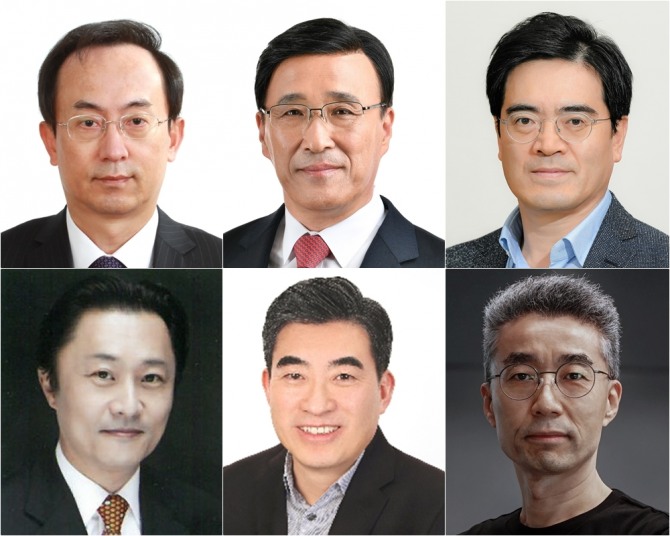 현대차그룹 사장단. 상단 왼쪽부터 시계방향으로 김걸 기획조정실장, 박정국 연구개발본부장, 공영운 전략기획담당, 송창현 TaaS서비스형운송본부장, 신재원 UAM·도심항공모빌리티 사업부장, 지영조 이노베이션 담당 순. 사진=현대차