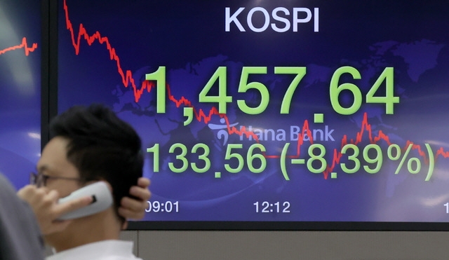 2020년 3월 19일 오후 서울 중구 하나은행 딜링룸 전광판에 지수가 표시되고 있다. 이날 코스피지수는 전 거래일(1591.20)보다 133.56포인트(8.39%) 내린 1457.64에 마감했다. [사진=뉴시스]