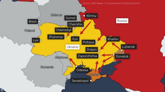 러시아의 우크라이나 침공 사태가 어떻게 전개될지 예상 가능한 4개의 시나리오가 나오고 있다. 그래픽=NBC