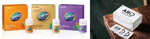 (좌)대웅제약 ‘임팩타민’ (우)메디로그 ‘올라운드 멀티비타’. 사진=대웅제약, 메디로그