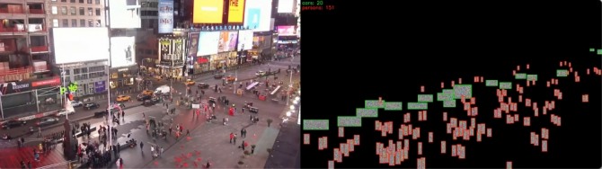 데이터 익명화 기술 스타트업 ‘딥핑소스’가 뉴욕 타임스퀘어 인근 유동인구를 트래킹하고 이를 분석하고 있는 장면.사진=한국무역협회