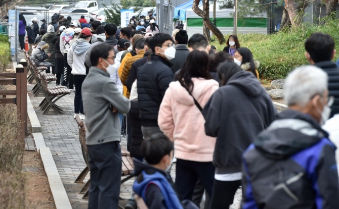 코로나19 신규 확진자가 33만4708명으로 집계된 지난 20일 오전 대구 달서구보건소 선별진료소에서 시민들이 검사를 받기 위해 대기하고 있다. 사진=뉴시스