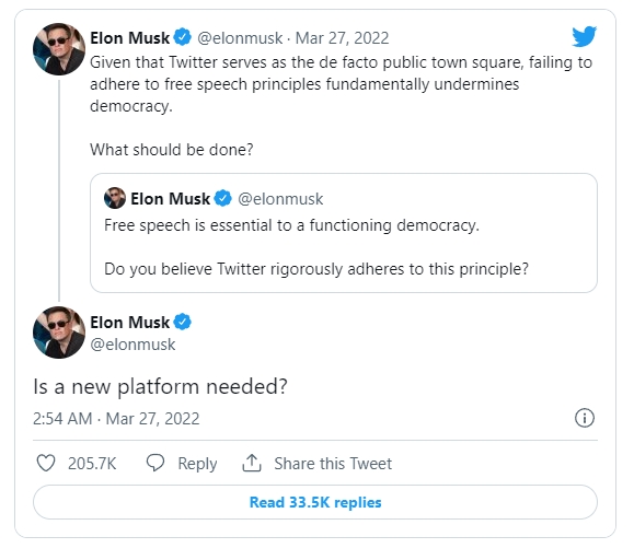 일론 머스크 CEO가 새로운 소셜미디어의 필요성에 관해 질문을 던진 트윗. 사진=트위터