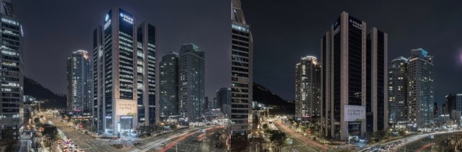 우리금융그룹 본사의 ‘어스아워 캠페인’소등 전(왼쪽)과 후(오른쪽) 모습 [사진=우리금융그룹]