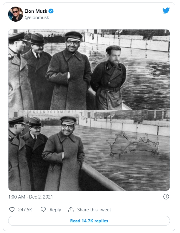 일론 머스크 CEO가 지난해 12월 2일(현지시간) 올린 트윗. 파라그 아그라왈 신임 트위터 CEO를 스탈린에 비유해 깎아내리는 내용이다. 사진=트위터