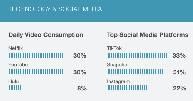 미국 10대 소비자의 OTT 및 소셜미디어 선호도. 사진=파이퍼샌들러