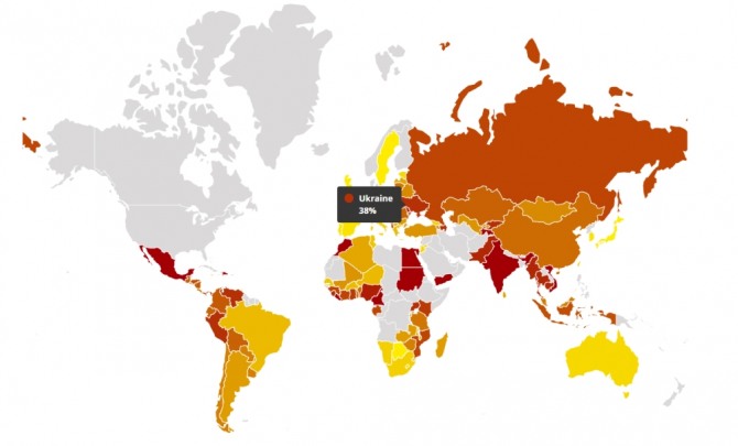 국제투명성기구(TI)가 조사한 전세계 부패지수 현황. 우크라이나는 부패가 심한 편에 속하는 국가로 조사됐다. 사진=TI