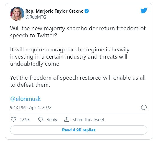 공화당 소속 마저리 테일러 그린 연방하원의원의 트윗. 사진=트위터