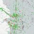 The green and red dots show the mass congestion of cargo vessels and tankers of the coast of Shanghai. Pic: MarineTraffic 