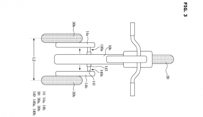 현대자동차가 최근 미국에서 특허출원한 e트라이크(삼륜 전기자전거)의 도표. 뒷바퀴 간격을 넓힌 상태. 사진=미상표특허청