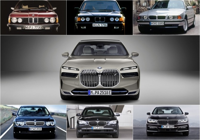 1세대부터 7세대의 디자인 변화 (상단 왼쪽에서부터) 1~3세대 모습과 (하단 왼쪽에서부터)4~6세대, 중앙은 7세대 7시리즈. 사진=BMW