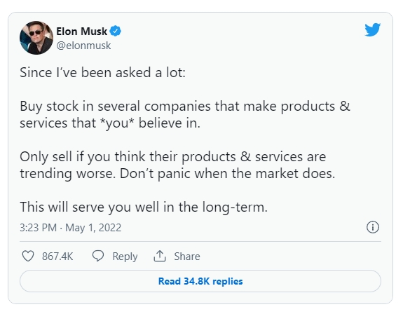 일론 머스크 CEO가 1일(현지시간) 올린 트윗. 사진=트위터