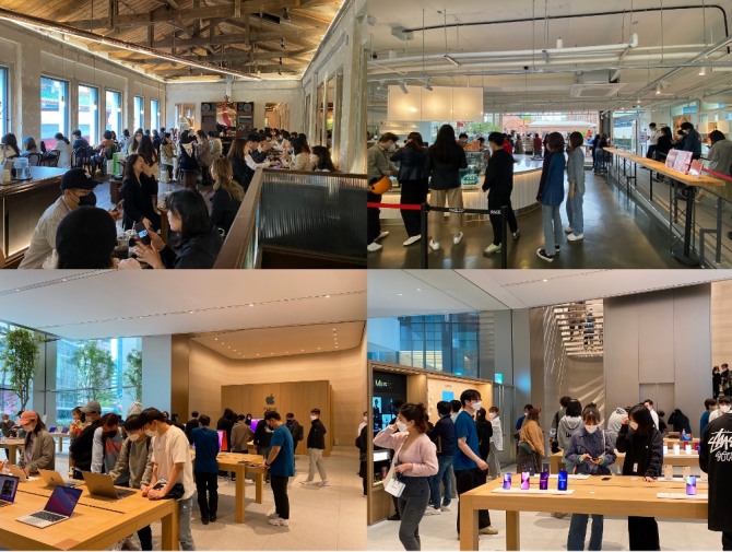(왼쪽 위) 뉴트로 콘셉트 카페 '더 스팟 패뷸러스' 내부 모습, (오른쪽 위) 에소프레소 바 '몰또'에 긴 대기줄, (아래) 명동 애플스토어 내부 모습. 사진=송수연 기자