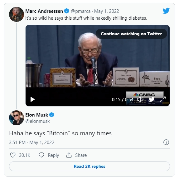 워런 버핏 버크셔해서웨이 회장이 지난달 30일(현지시간) 열린 버크셔해서웨이 주주총회에서 비트코인에 대해 발언하고 있다. 사진=트위터/CNBC