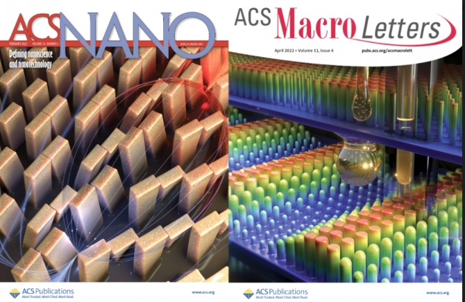인하대 고분자환경융합공학과 위정재 교수 연구팀의 연구논문이 국제 저명 학술지의 표지논문으로 선정됐다. (왼쪽부터)에이씨에스 나노 2월호 속표지와 에이씨에스 매크로 레터스 4월호 속표지.