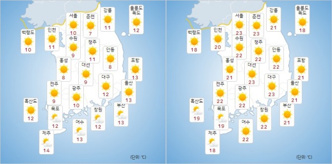 (왼쪽부터)15일 최저기온과 최고기온 정보 [사진=기상청]