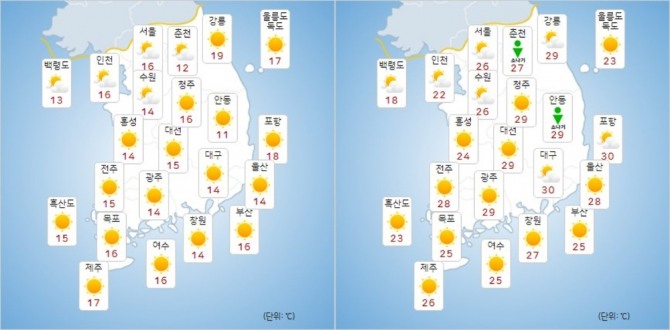 (왼쪽부터)18일 최저기온과 최고기온 정보 [사진=기상청]