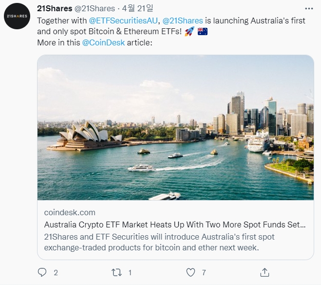 21셰어스는 지난 4월 21일 호주에서 호주에서 비트코인(BTC)과 이더리움(ETH) ETF를 출시했다. 사진=트위터
