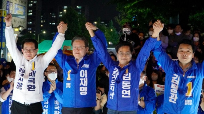 좌측부터 배국환 성남시장 후보, 이재명 위원장, 김동연 경기도지사후보, 김병관 분당갑 국회의원 후보