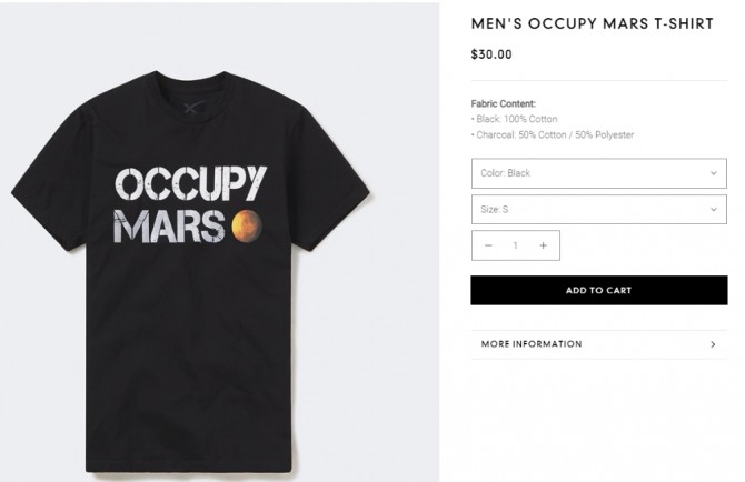 스페이스X 홈페이지의 스페이스X 스토어에서 판매 중인 ‘화성을 점령하라(Occupy Mars)' 티셔츠. 사진=스페이스X