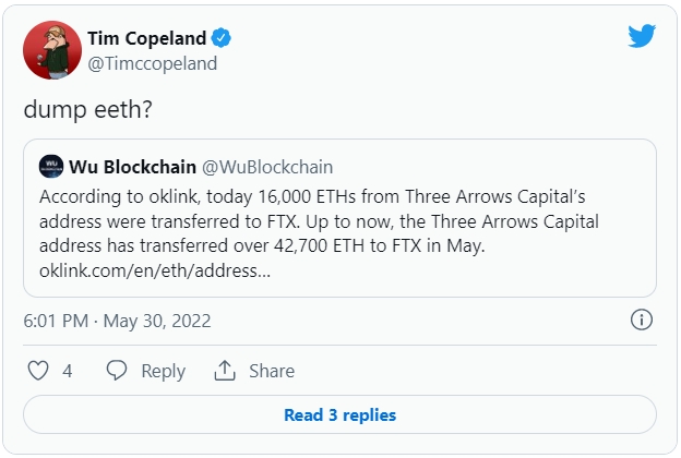 이더리움이 최근 거래소 전송이 급증해 투매 의혹이 제기됐다. 출처=트위터