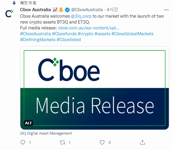 Cboe 호주 거래소가 6일 비트코인 현물 ETF와 이더리움 현물 ETF를 추가로 출시했다. 사진=트위터