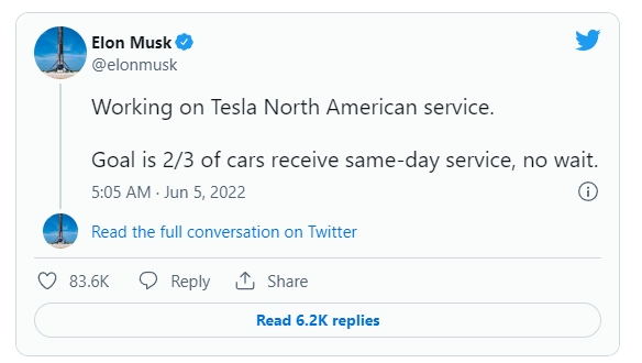 일론 머스크 CEO가 지난 5일(현지시간) 올린 트윗. 사진=트위터