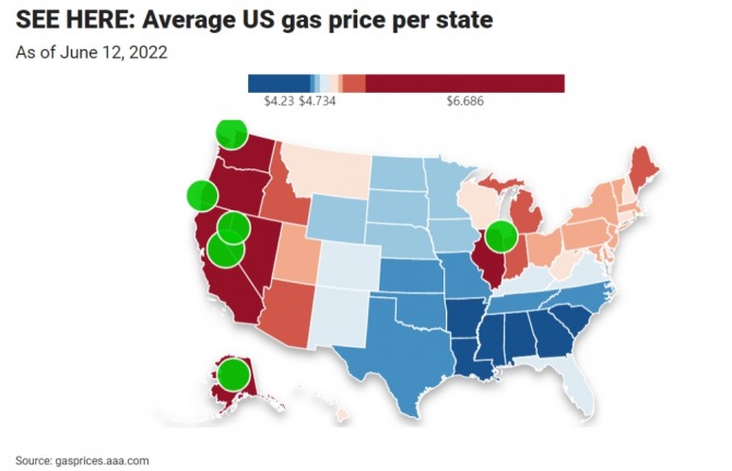 12일 미국 각 주의 에너지 평균 가격. 5월 에너지 가격은 전월 대비 3.9% 상승했고, 이는 지난해보다 34.6% 상승했다. 출처=gasprices. aaa. com