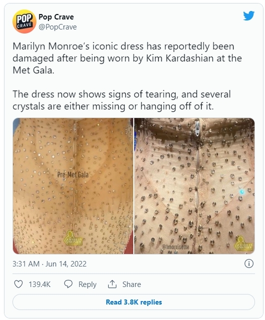 미국 매체가 트위터에 올린 킴 카다시안이 착용하기 전과 후의 마릴린 먼로 드레스. 사진=트위터 캡처