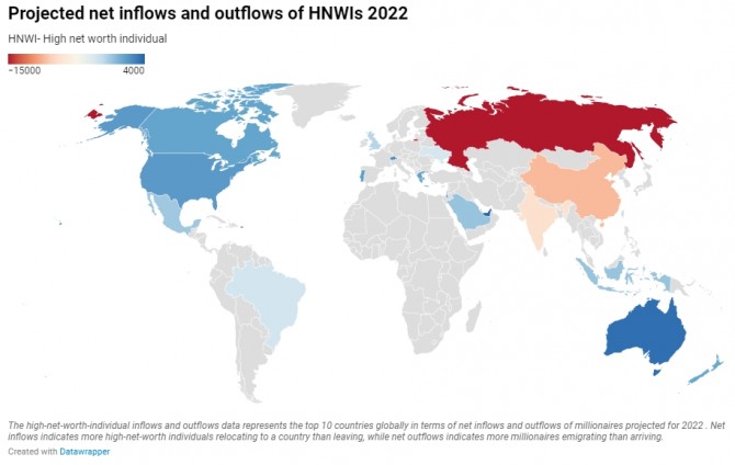 헨리앤파트너스가 최근 조사해 발표한 고액순자산보유자(백만장자) 분포 세계 지도. 파란 색에 가까울수록 백만장자가 증가하고 있는 지역이고 빨간 색에 가깔울수록 감소하고 있는 지역이다. 우크라이나를 침공한 러시아의 감소세가 도드라진다. 사진=헨리앤파트너스