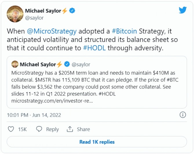 마이클 세일러가 14일 마이크로스트래티지의 비트코인 전략이 암호화폐 시장 변동성을 고려한다고 밝혔다. 출처=마이클 세일러 트위터