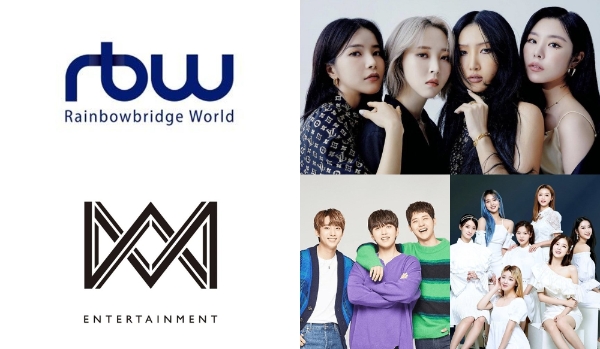 RBW(위)·WM엔터테인먼트 로고와 주요 소속 아이돌 그룹들. 위부터 시계방향으로 마마무·오마이걸·B1A4. 사진=RBW