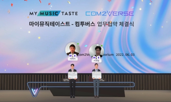 이재석 마이뮤직테이스트 대표(왼쪽)과 이경일 컴투버스 대표가 가상 공간 협약식을 체결 중이다. 사진=컴투스 