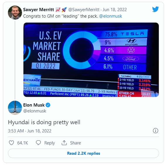 일론 머스크 테슬라 CEO가 18일(현지시간) 현대자동차의 전기차 사업을 높이 평가하며 올린 트윗. 사진=트위터